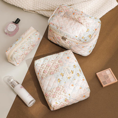 Quilted Cotton Makeup Bag, Coquette Floral Toiletry Bag for Women and Girls, Cute Kawaii Travel Cosmetic Pouch (03 Pink