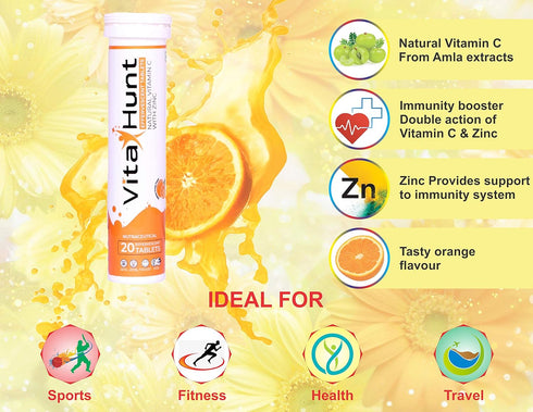 Vitamin C 1000 mg with Zinc - Antioxidants for Immune Support - 20 Effervescent Tablets - Orange Flavour