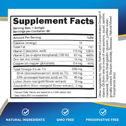 Eye Vitamin and Mineral Supplement with Zinc, Omega 3, Lutein & Zeaxanthin, Vitamins C & E, 60 Count