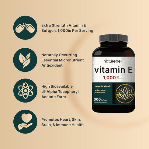 NatureBell Vitamin E Oil Softgels, 1,000 IU Per Serving, 300 Pills | Essential Antioxidant Supplements for Skin, Heart,