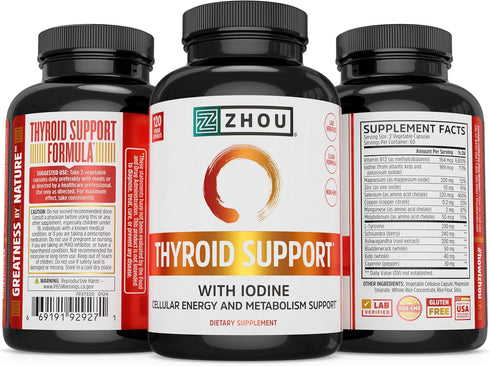Zhou Thyroid Support Complex with Iodine Supplement - 60 Servings, 120 Caps, Gluten-Free, No Soy