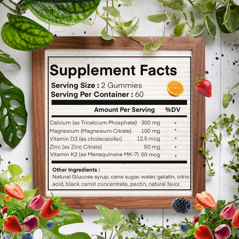 Magnesium Calcium Zinc with Vitamin D3 & K2 Gummies, Multivitamin for Bone Strength, 30 Days Serving