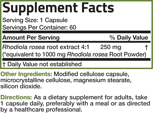 Bronson Rhodiola Rosea Vegetarian Capsules | 60 Count | Adaptogenic Herb for Brain, Stress & Mood Support