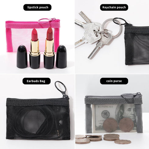 Patu Mini Zipper Mesh Bags - 3" x 4", Size XS/A8, 5 Pieces, Keychain Pouch, Coin Purse, Clear Travel Kit Organizer