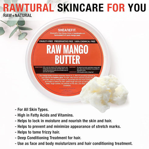 Raw Unrefined Mango Butter, Natural Body Butter, Soft Rejuvenating Daily Moisturizer for Face & Body (8 OZ)