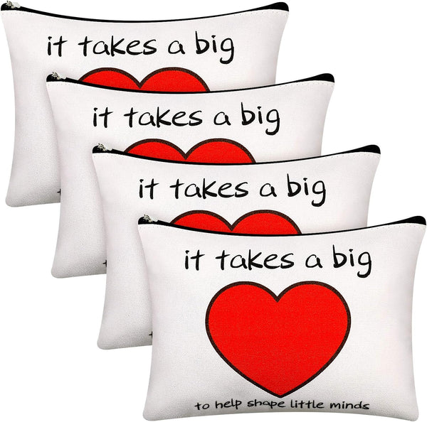 Weewooday 4 Pieces Teacher Gifts, Makeup Bags, Teacher Appreciation Gifts, Heart Pattern Cotton Pouch