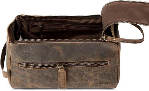KomalC Premium Buffalo Leather Unisex Toiletry Bag, Travel Dopp Kit