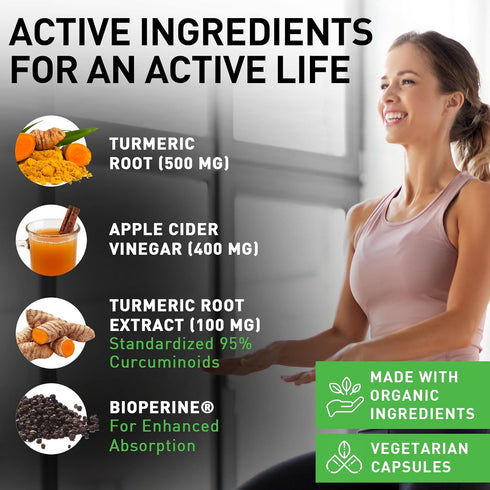 120 Capsules USDA Organic Turmeric Root Powder, Ginger Powder, Apple Cider Vinegar Powder with Curcumin, 1410 mg