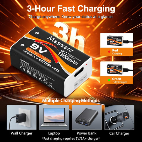 Massate 4 Pack 9V 1300mAh: 4 1 9 Rechargeable Batteries USB C Lithium Ion Battery with in Charging Cable, Long Lasting