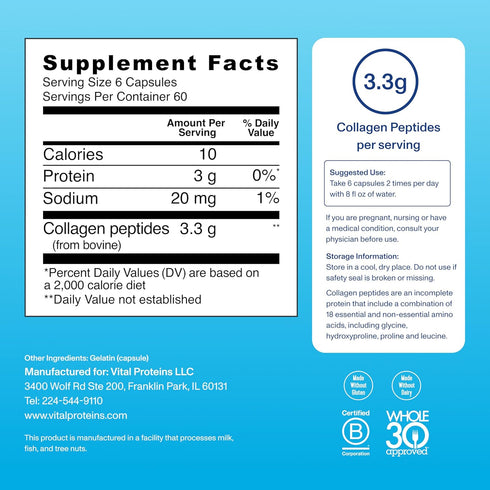Vital Proteins Collagen Pills Supplement (Type I, III), 360 Capsules, 3300mg Serving for Healthy Hair Support