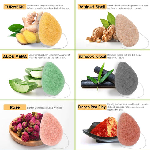 Konjac Exfoliating Organic Cleansing Facial Sponges Set - Natural Walnut Charcoal Konjac Face Sponge for Exfoliator Skincare Makeup Removal Body Washing, Safe for Oily Dry Combination Sensitive Skin