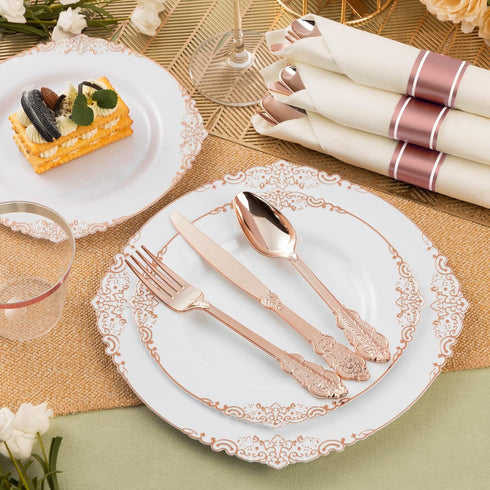 75PCS Rose Gold Plastic Silverware for 25 Guests, Heavy Duty Disposable Utensils Set Includes 25 Forks, 25 Spoons, 25