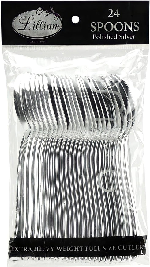 Plastic Cutlery Silverware Extra Heavyweight Disposable Flatware, Full Size Plastic Spoons Like Silver 24 Pack