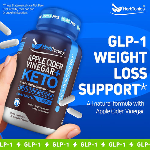 Herbtonics Apple Cider Vinegar with Keto BHB Salts, GLP-1 Support Supplement, 120 Keto ACV Capsules