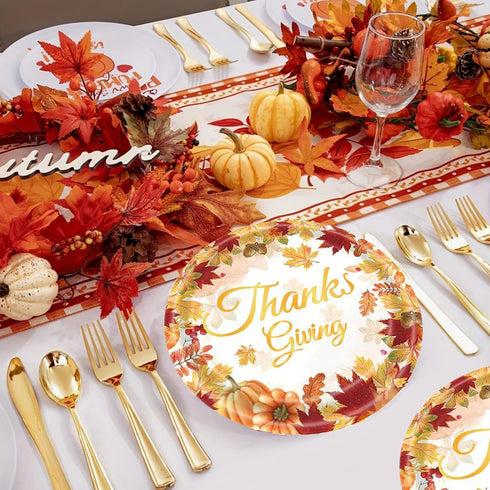 mdgfge 24Pcs (9 inch) Thanksgiving Paper Plates, Autumn Maple Leaf with Pumpkin Disposable Dessert Plates Tableware