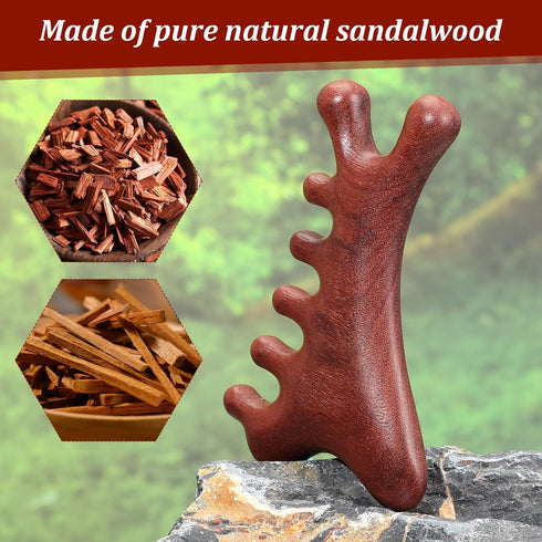 Yuanchu 4-in-1 Natural Sandalwood Gua Sha Massage Tool, Scalp Massager Comb for Head Face Eye Nose Body Stress Relief