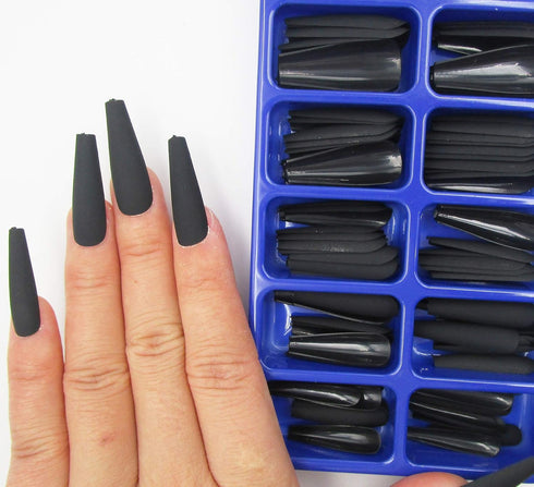 LoveOurHome 100pc Coffin Press on Nails, Medium Ballerina Acrylic Fake Nails, Matte Black Full Cover Nail Tips for Women