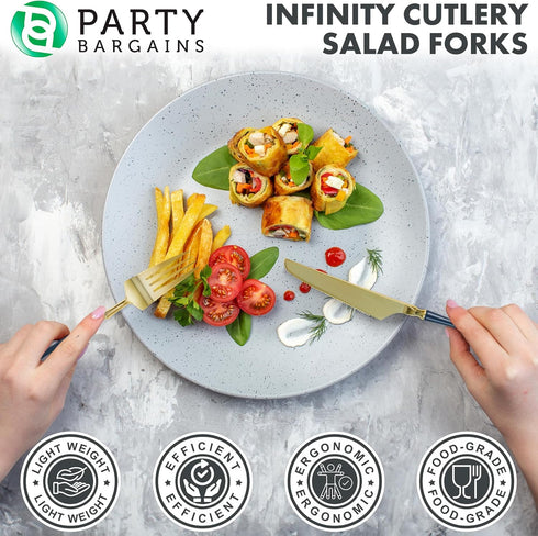 Party Bargains Disposable Plastic Navy Gold Salad Forks, Infinity Modern Design Utensils, 20 Pack
