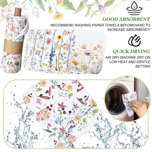 36 Pack Reusable Paper Towels Washable Paperless Towels Rolls Reusable Toilet Bidet Towels Bulk Flannel Cotton Cloth Towels Wipes Bathroom Napkins with Cardboard(Pastel Color, Flowers)