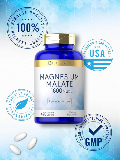 Carlyle Magnesium Malate 1800mg - 420 Coated Caplets, Vegetarian, Non-GMO, Gluten Free Supplement