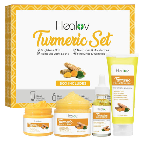 Turmeric Skincare Set, Brightening & Acne Products, Cleanser, Body Scrub, Face Cream & Serum