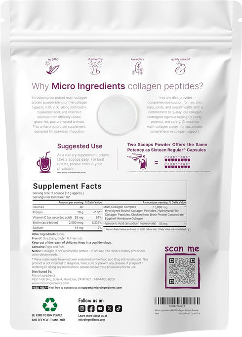 Micro Ingredients Multi Collagen Protein Powder, 2 Pounds, Unflavored, Keto & Paleo Friendly