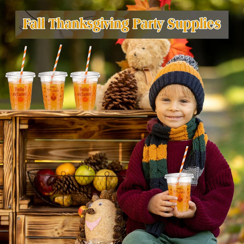Yaomiao 300 12 oz Set Pcs Thanksgiving Day Plastic Cups with Lids and Straw Fall Plastic Party Cups Thanksgiving