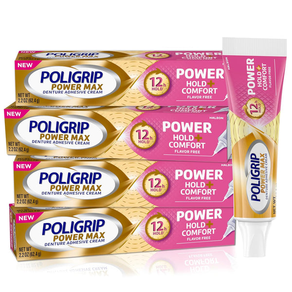 Poligrip Denture Adhesive - Power Max Hold Plus Comfort Cream, 2.2 Ounces (Pack of 4)