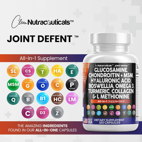 Clean Nutraceuticals Joint Support Supplement - Glucosamine Chondroitin MSM Turmeric with Omega 3 & 120 Count Capsules