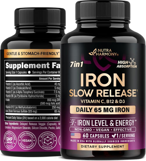 Iron Supplement for Women - 60 Capsules 65mg (Ferrous Sulfate 325mg) for Energy Support with Vitamins C, D3, B6, B12 &