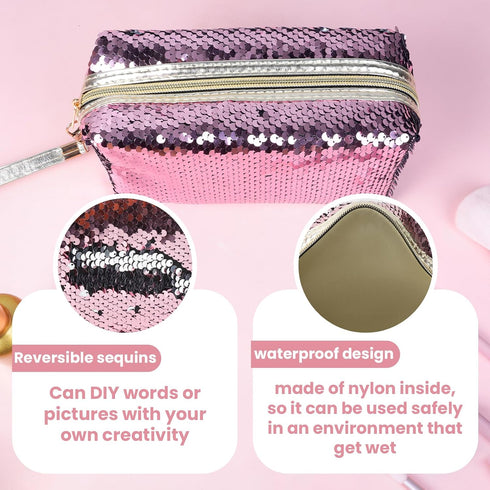 Magic Sequin Travel Cosmetic Bags - Reversible Glitter Makeup Organizer Bag for Women (Pink)