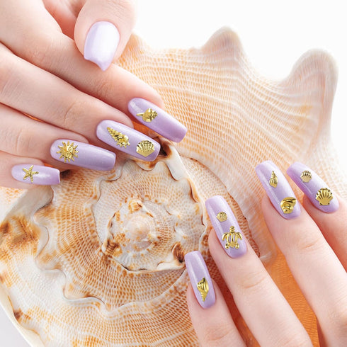 Ocean Theme Nail Art Charms - 3D Alloy Sea Beach Starfish Seashell Nail Gems Decoration Stickers, 12 Styles - Gold