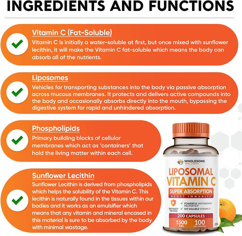 Wholesome Wellness Liposomal Vitamin C Capsules - 200 Pills 1500mg Buffered, High Absorption Immune Support