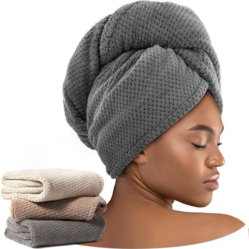 3 Pack Microfiber Hair Towel Wrap for Curly Hair, Super Absorbent Hair Drying Turban for Women & Kids (Grey, Camel,