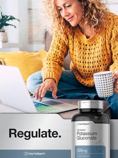 Horbaeach Chelated Potassium Gluconate 595mg Supplement | 300 Count | Vegetarian, Non-GMO, Gluten Free