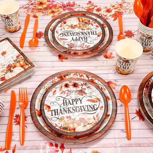 Set, Set HOWAF Thanksgiving Dinnerware Fall Maple Leaves Disposable Tableware Plates Napkin Tablecloth Knifes Forks