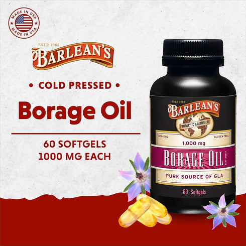 Barlean's Borage Oil Supplements, Cold Pressed Pure Borage Seed Oil Softgels, 1000 mg GLA Fatty Acids, 60 Count
