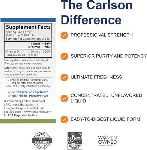 Carlson Super Daily D3 4,000 IU (100 mcg) Vitamin D Drop, Liquid Unflavored, 1-Year Supply, 365 Drops (10.3 mL)