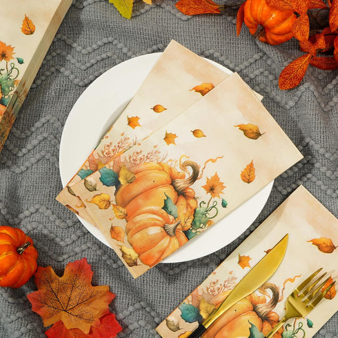 Homlouue 100 Pcs Fall Napkins, 3 Ply Thanksgiving Pumpkins Autumn Leaves Paper Guest Towels for Harvest Party