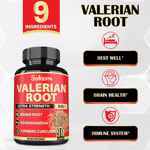 Valerian Root Capsules - 9 Natural Herbs including Ashwagandha, Turmeric, Ginger, Ceylon Cinnamon (90 Caps)