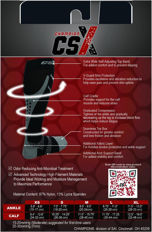 CSX 20-30 mmHg Compression Socks for Men and Women, Knee High, Silver on Black, Medium, Athletic Sport Fit