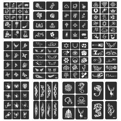 Tattoo Stencils For Kids Teens Adults - 24 Sheets Henna Tattoo Stencil Kit with 400 Designs