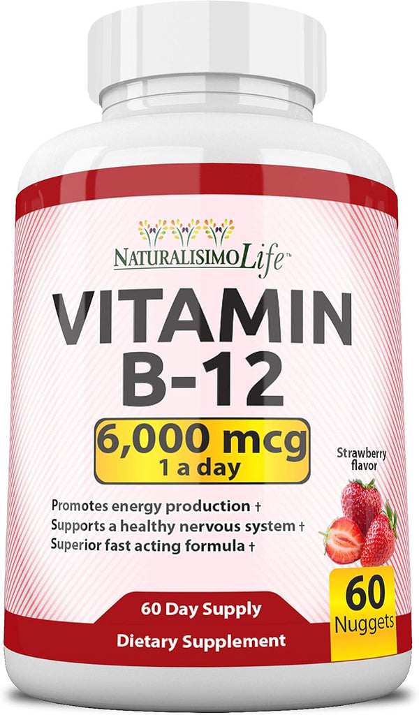 Vitamin B12 6,000 mcg Maximum Strength Fast Acting Formula, Strawberry Flavor Nuggets - Supports Energy Production,