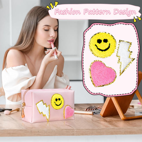 WECOOL Preppy Makeup Bag, Waterproof PU Leather Smiley Face Patch Makeup Bag Preppy, Travel Makeup Bag with Plenty of Space, Portable Cute Toiletry Bag with Zipper, Cosmetic Bags for Women Girls Gift