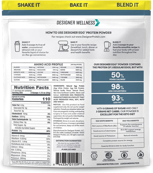 Designer Wellness Designer Egg - Natural Egg Yolk & Egg White Protein Powder, Classic Vanilla, 12.4 Ounce