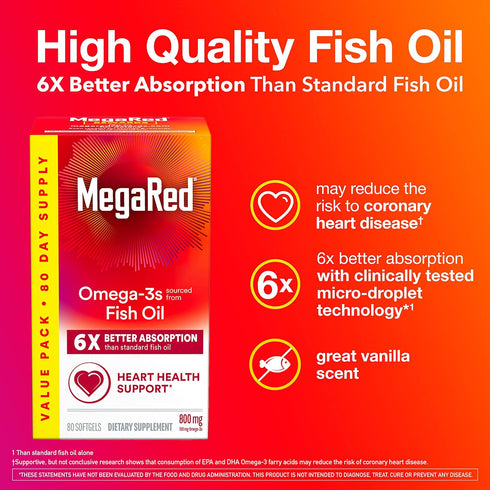 MegaRed Advanced 6X Absorption Softgels, Omega-3 Fish Oil Supplement 800mg (80 Count), Supports Heart Brain Joints &