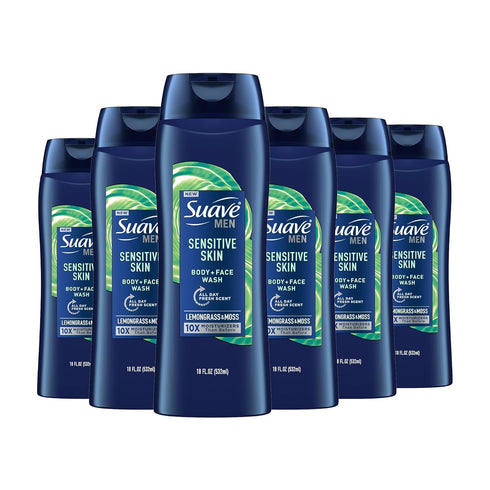 Moisturizing Body & Face Wash for Sensitive Skin by Suave, Lemongrass scent, No Parabens, No Phthalates, 18 Oz Pack of 6