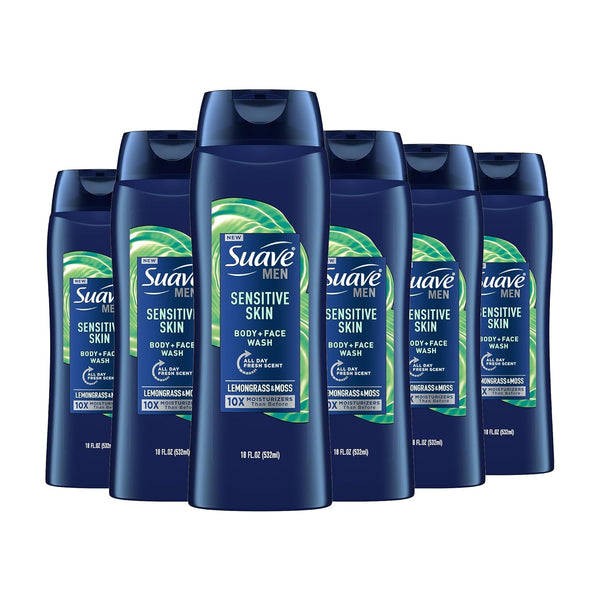 Moisturizing Body & Face Wash for Sensitive Skin by Suave, Lemongrass scent, No Parabens, No Phthalates, 18 Oz Pack of 6