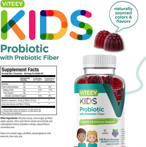 Probiotic Gummies for Kids - 2 Billion CFUs - Digestive Health Support, Vegan, Chewable Berry Flavor