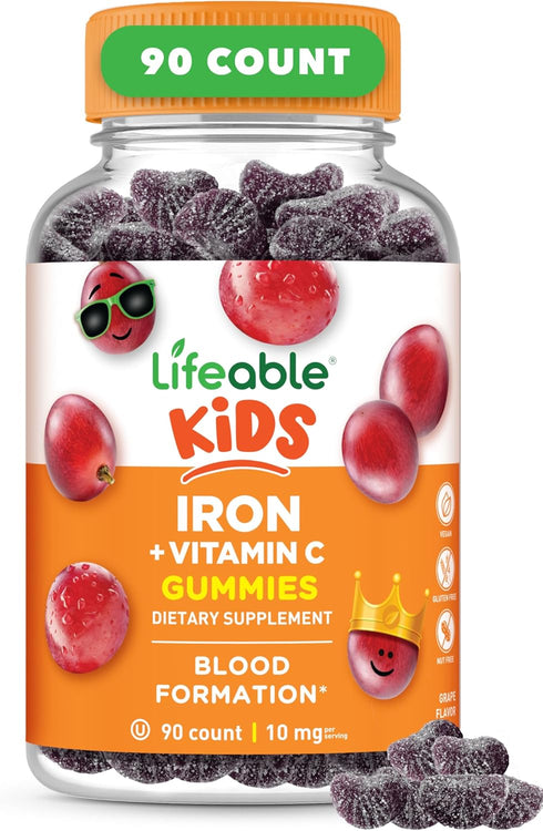 Iron Supplements for Kids, 10mg with Vitamin C, Great Tasting Iron Gummies for Immune Health, 90 Gummies